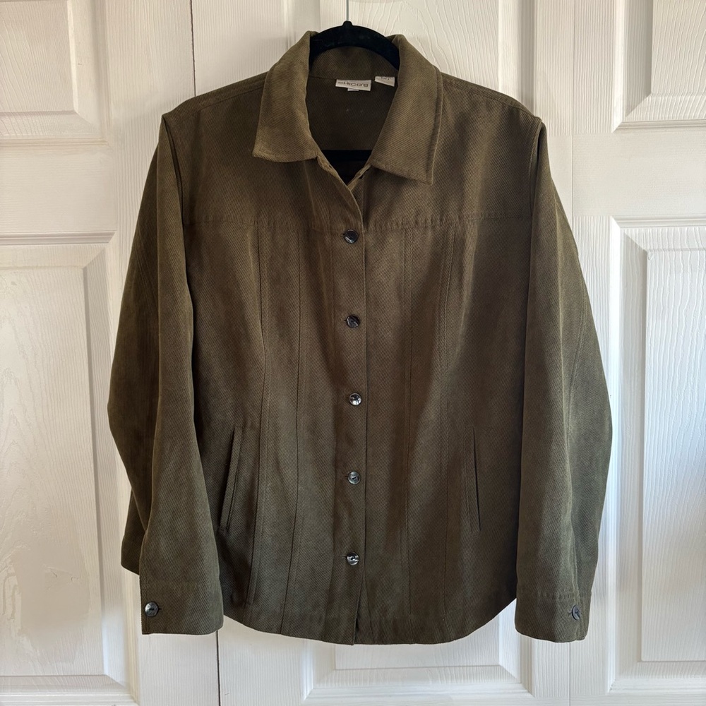 Chico’s‎ Green Corduroy Thick Button Shacket Shirt L Lagenlook Grunge Christmas